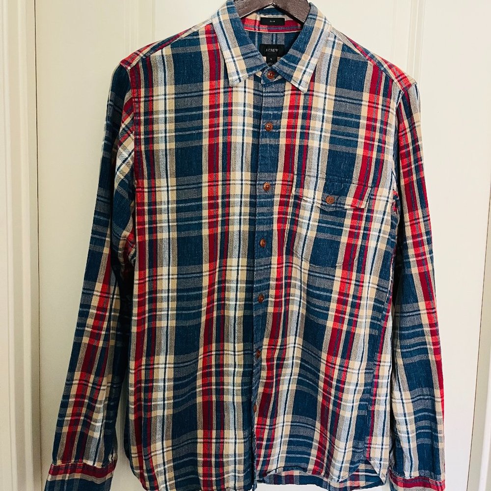 J. Crew Button Down Woven Shirt - Navy Plaid - Small